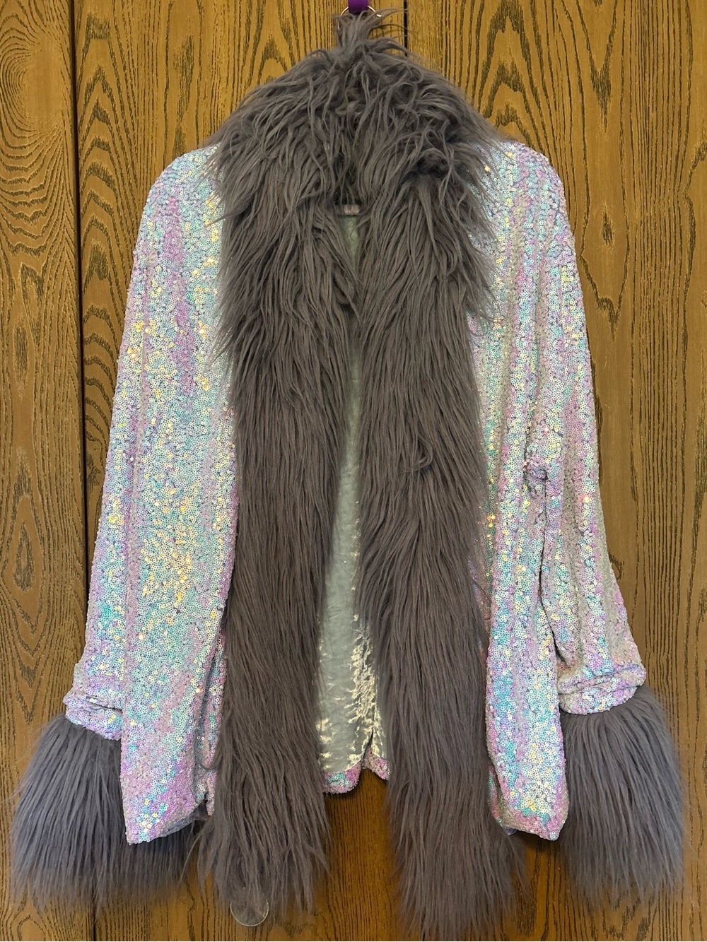 One-of-a-Kind Iridescent Sequin Jacket with Faux Fur Trim